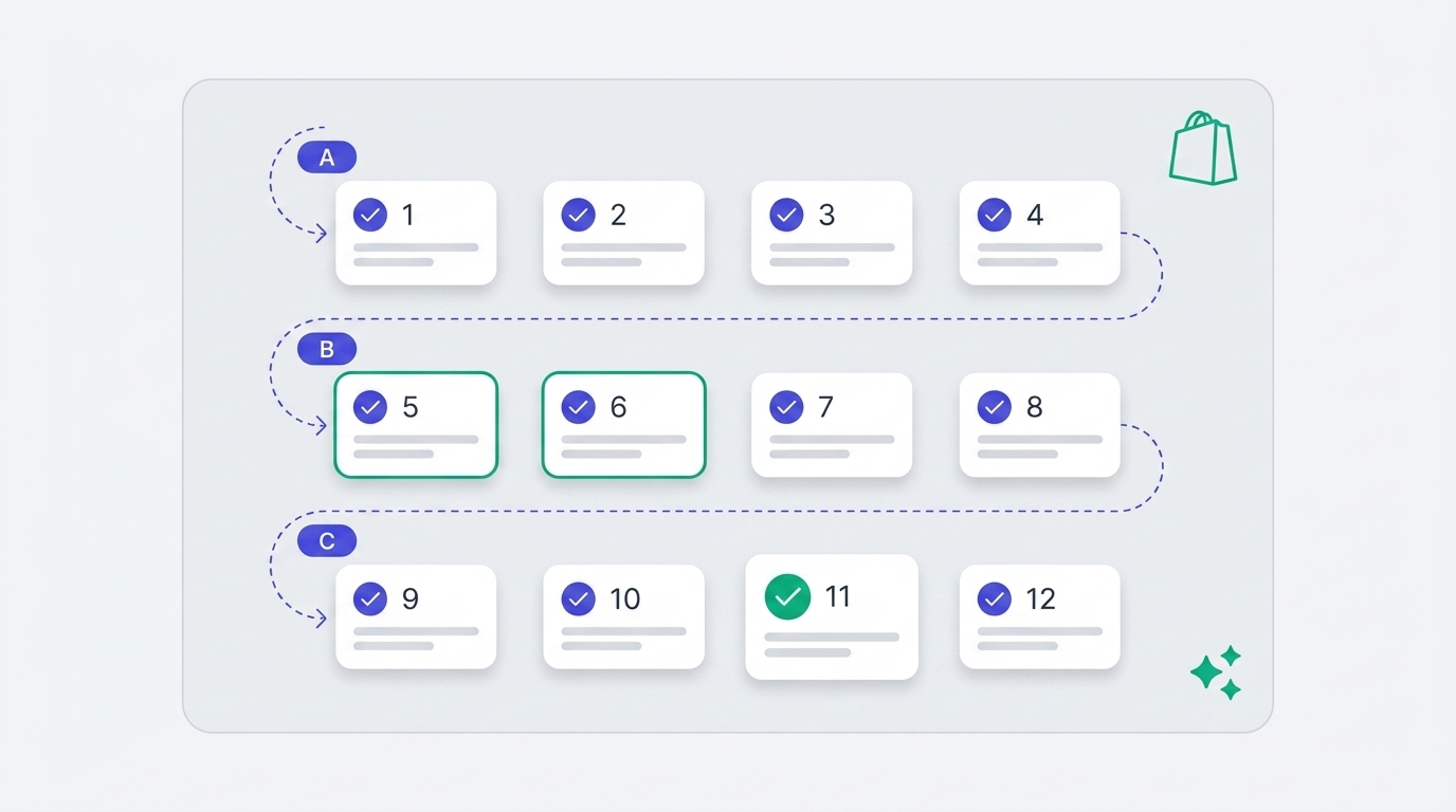 A 12-step Shopify AI search optimization checklist visualized as a vertical workflow with indigo and emerald accent icons