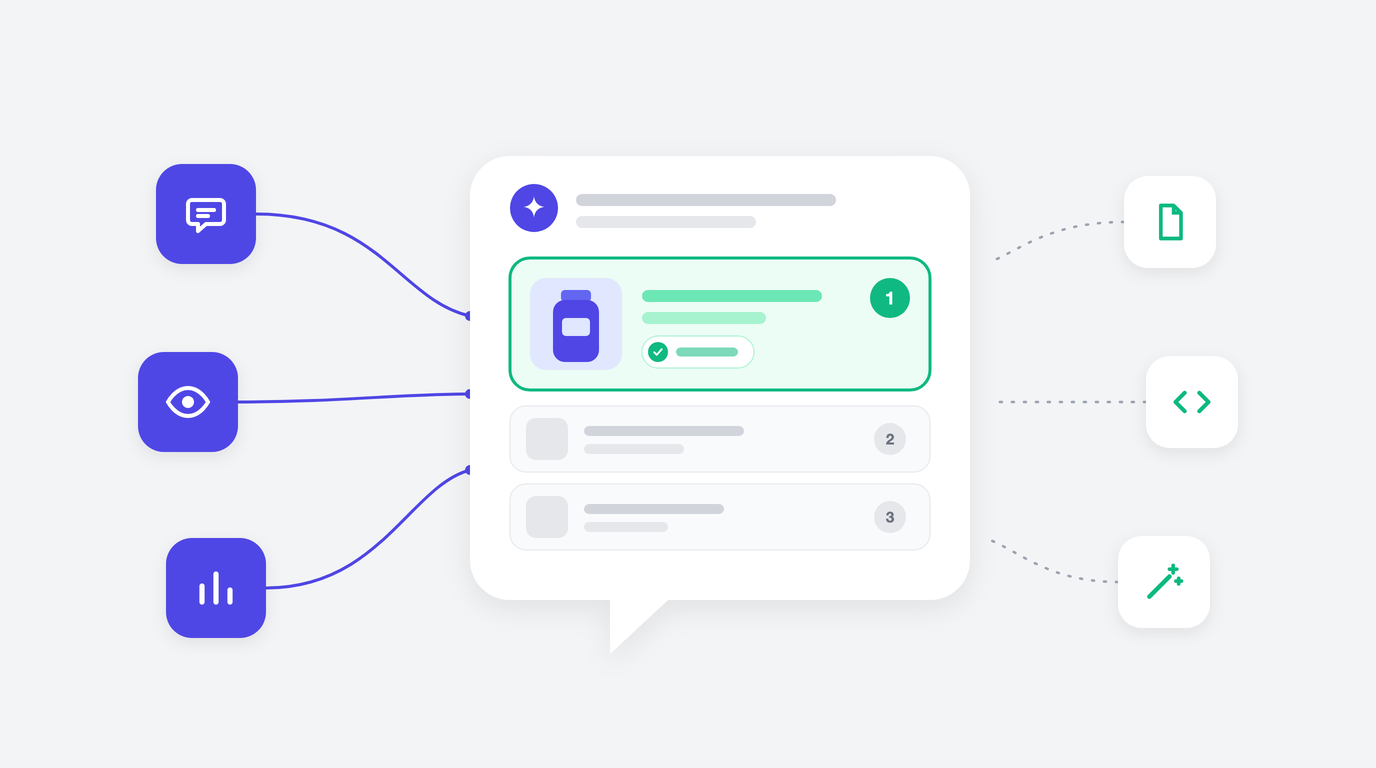 An AI answer naming a store's product first with its price checked, connected to apps that read AI answers, with apps that edit store files set apart