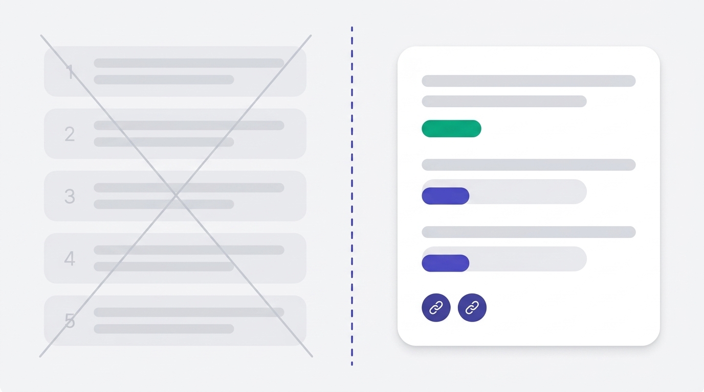 A crossed-out list of numbered search rankings beside a single AI answer card with brand mentions highlighted