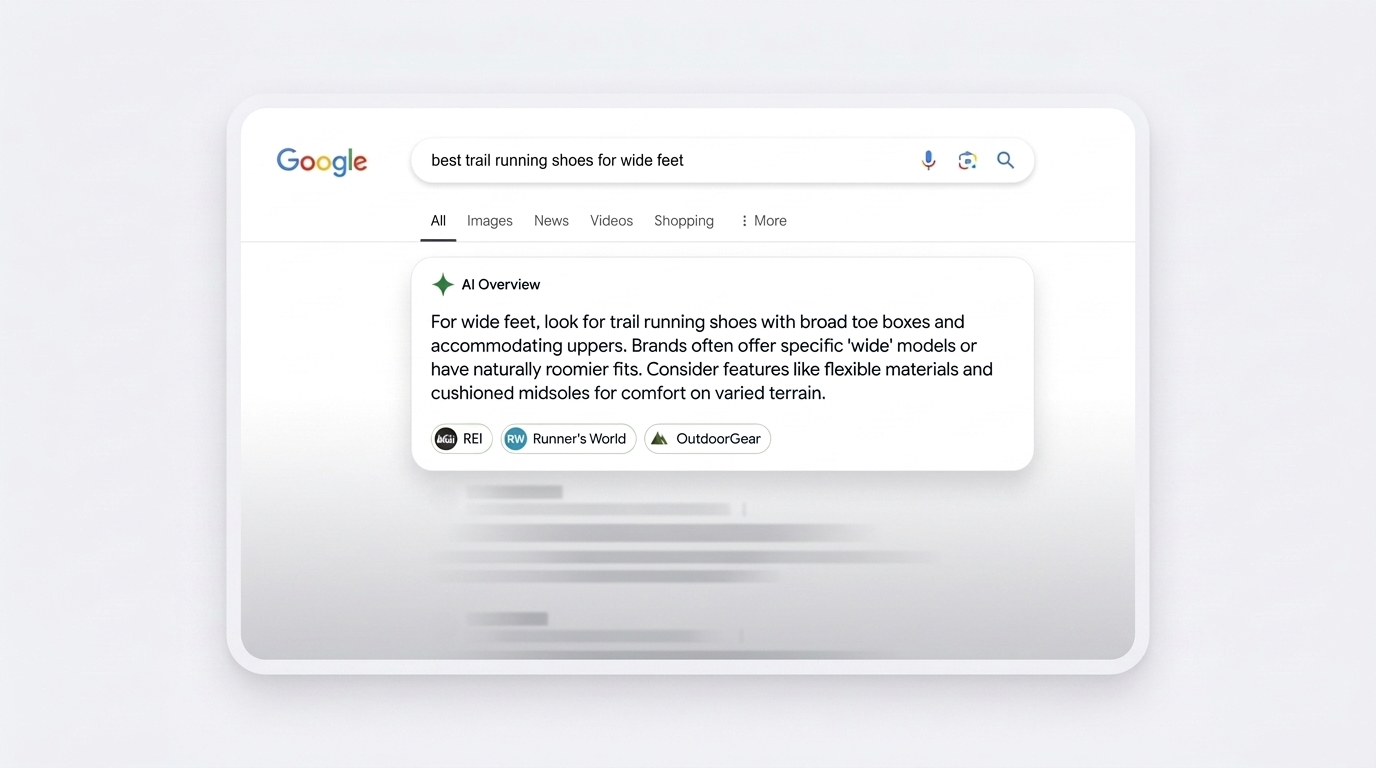 Google Search results page showing an AI Overview for a trail running shoes query, with source chips for REI, Runner's World, and OutdoorGear
