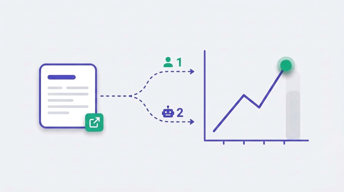 Split view of ChatGPT referral clicks versus AI bot crawls, with a first-party traffic timeline
