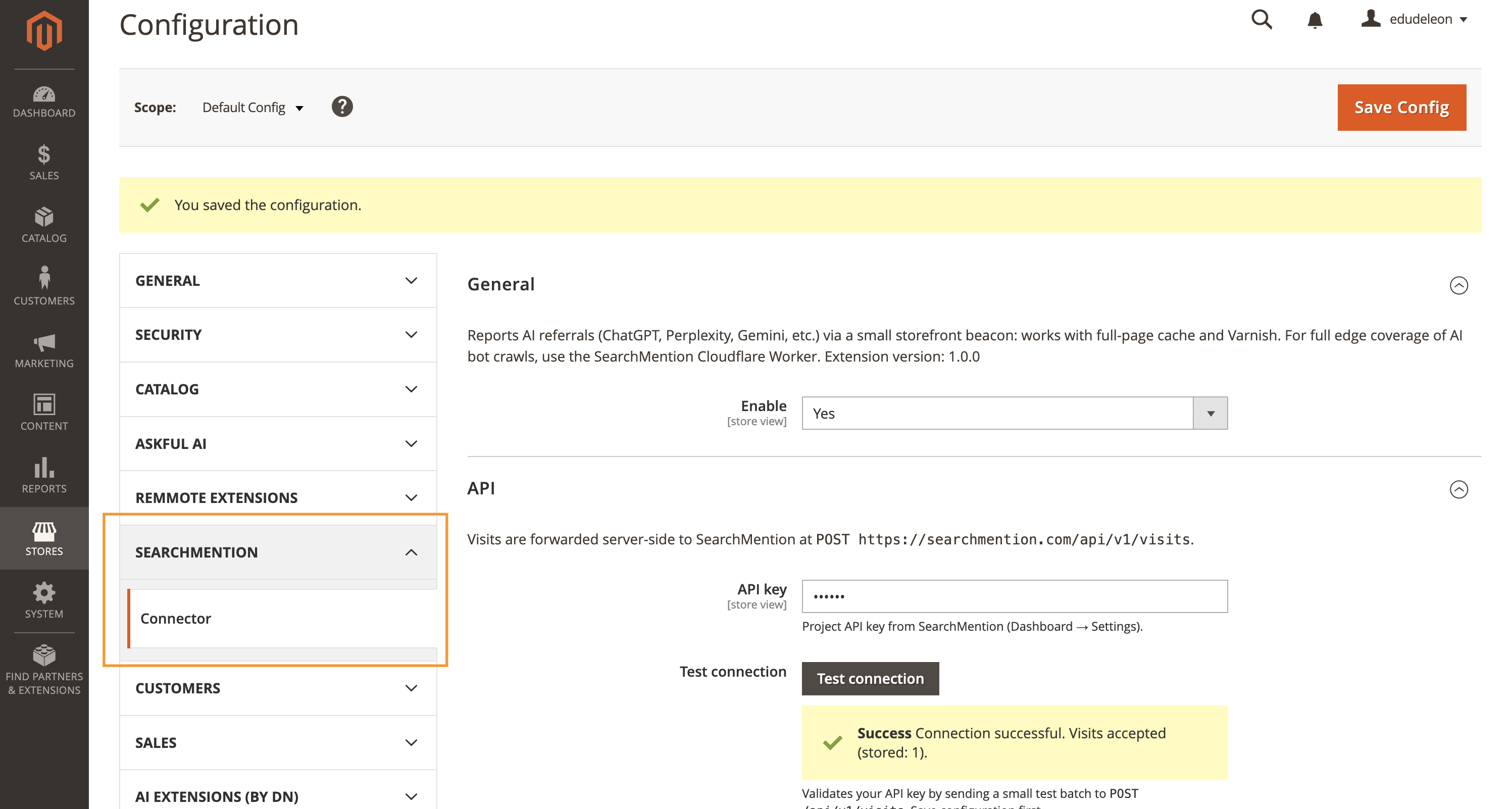 Magento admin Stores Configuration SearchMention Connector with Enable, API key, and Test connection
