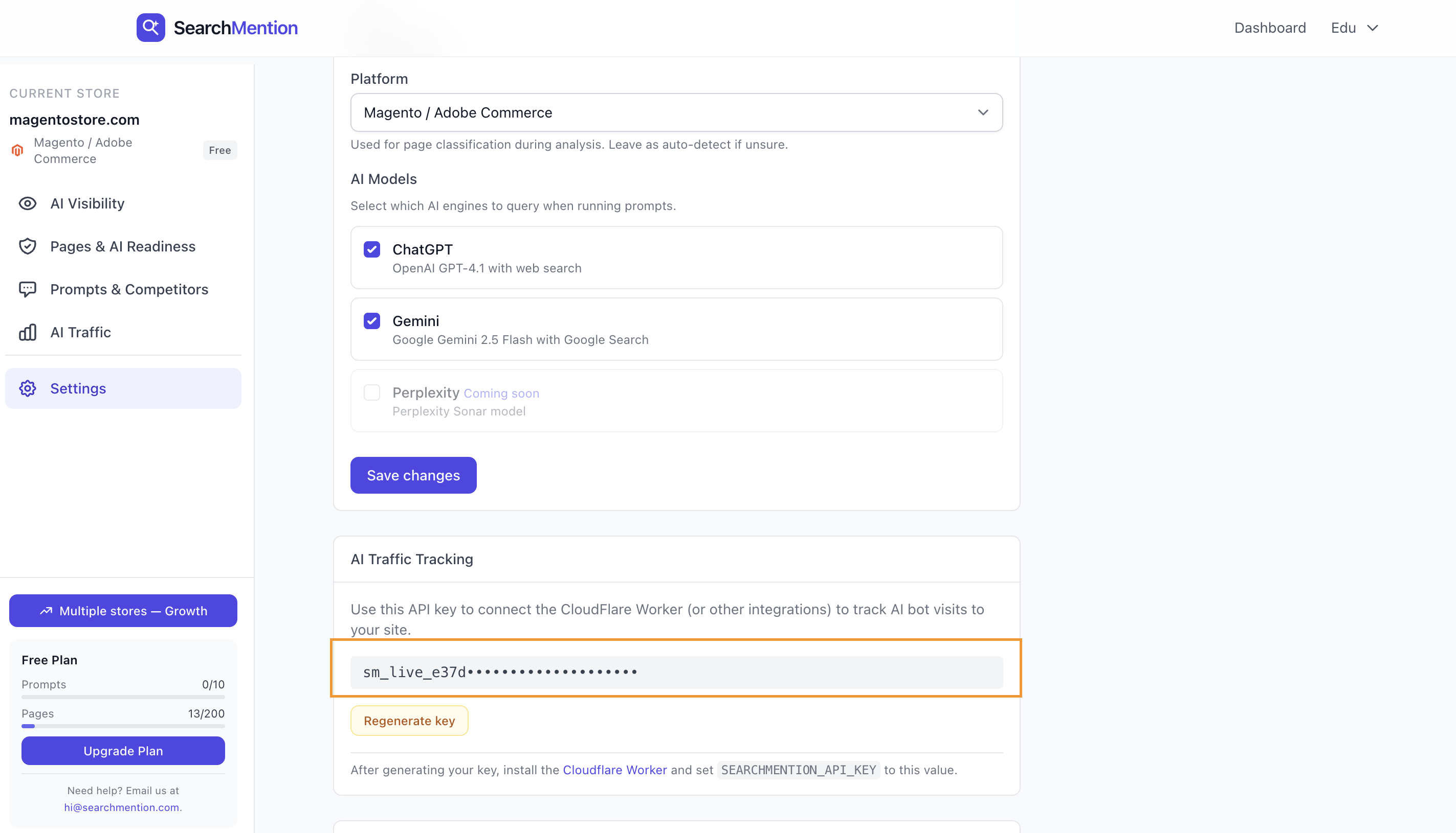 SearchMention dashboard Settings with AI Traffic Tracking, API key, and Download Magento module