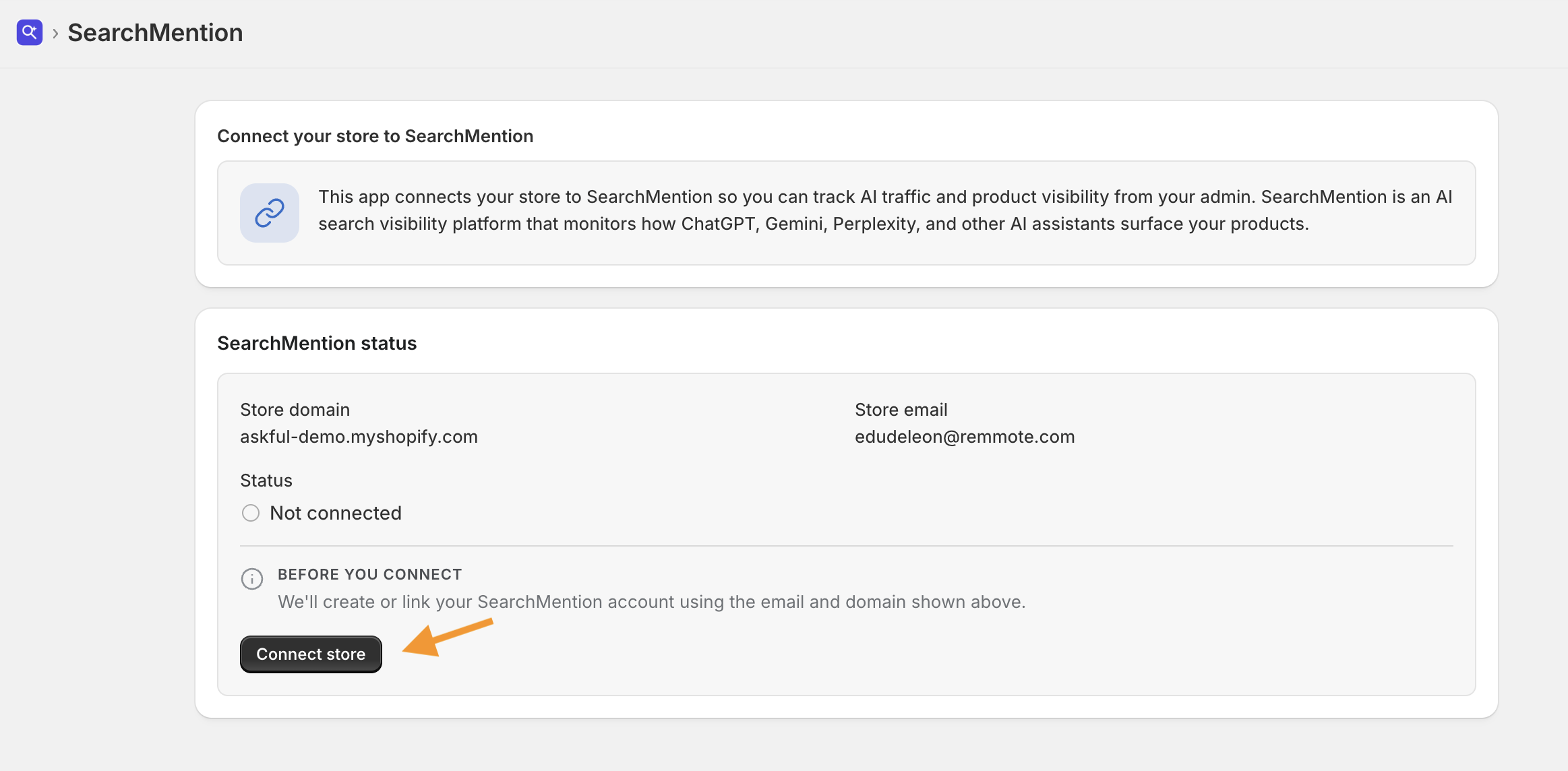 SearchMention Shopify app welcome screen with Connect store button and store details