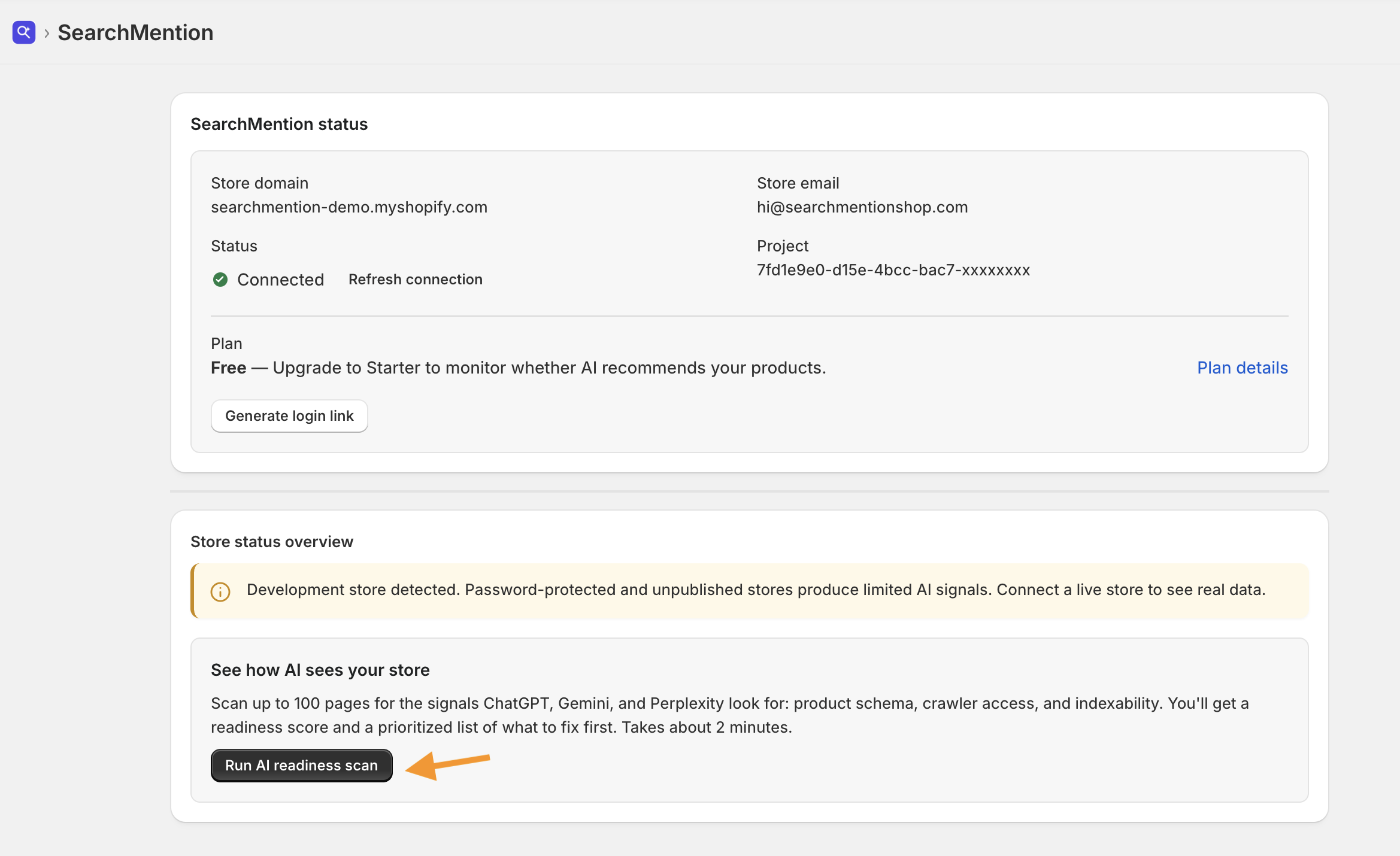 SearchMention embedded app showing Connected status and Run AI readiness scan button