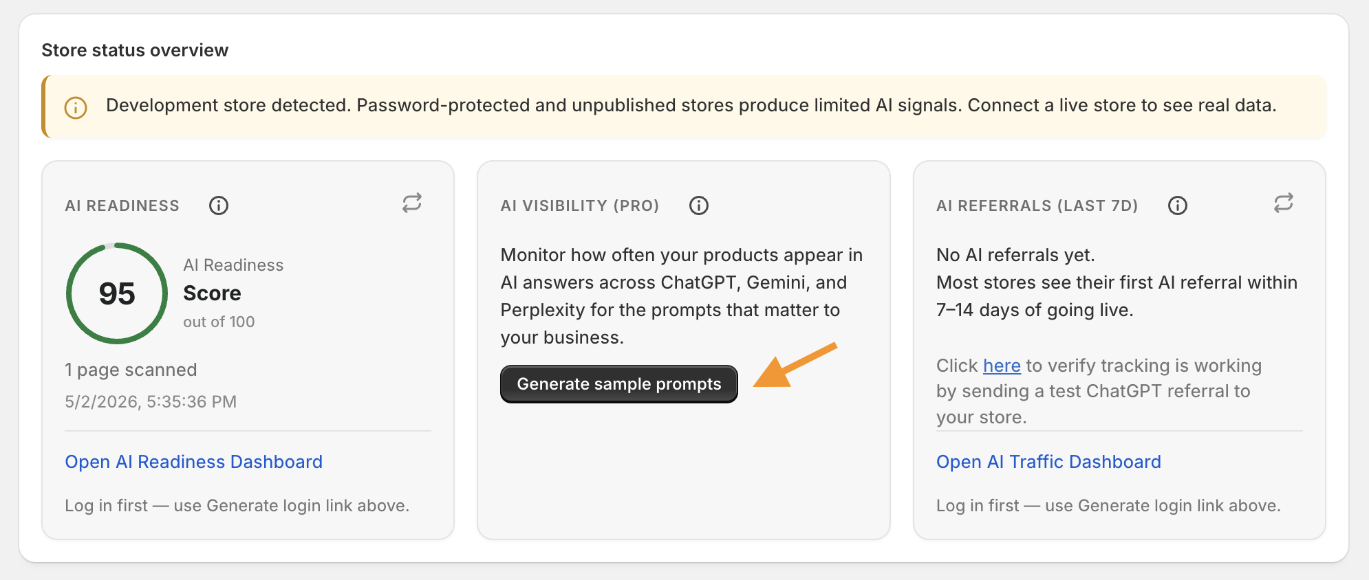 Store overview with AI readiness score and Generate sample prompts for AI Visibility