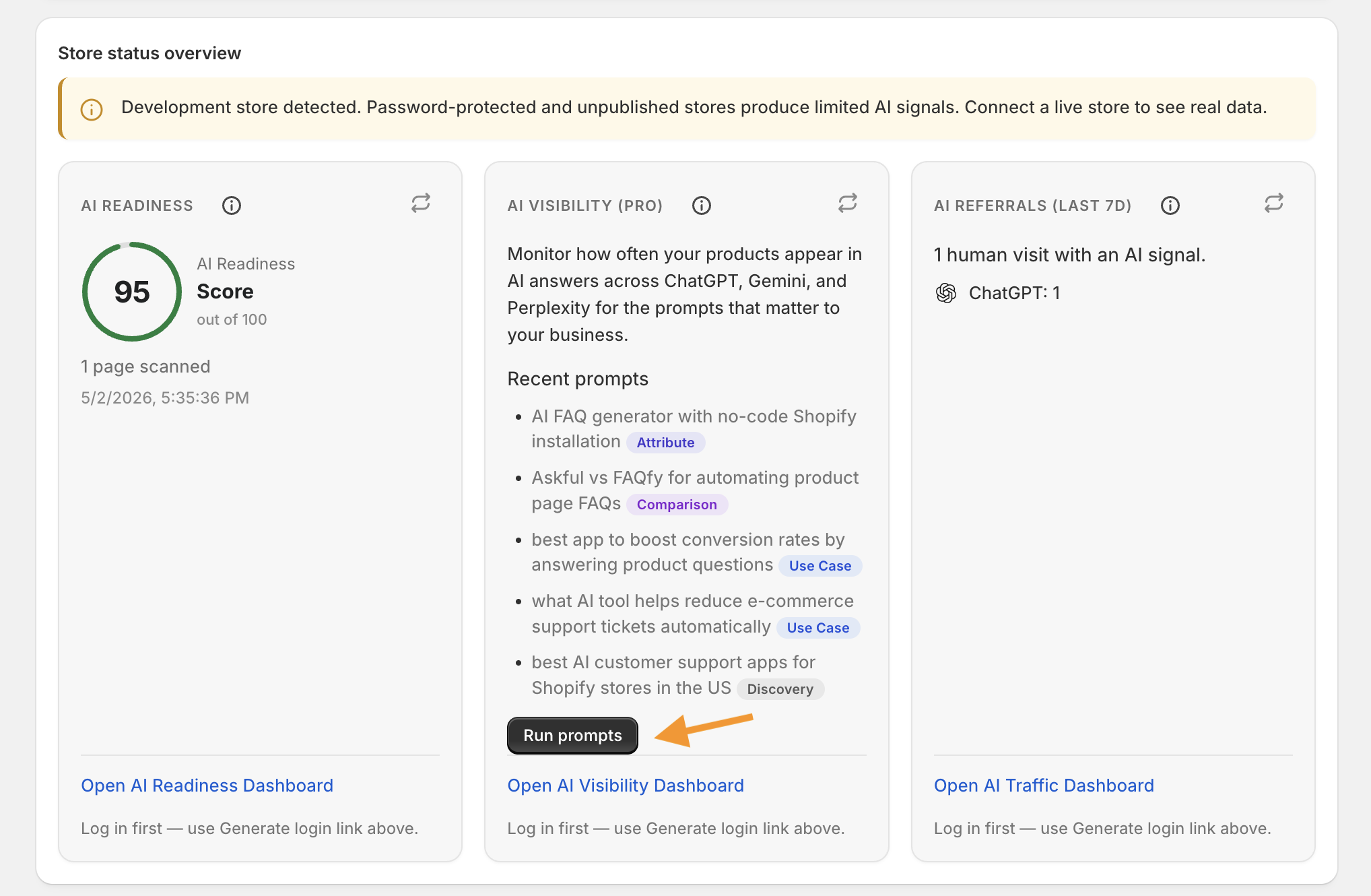 Overview with sample prompts listed, Run prompts button, and AI referrals summary