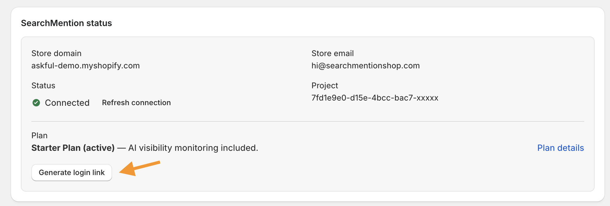 SearchMention status card highlighting Generate login link