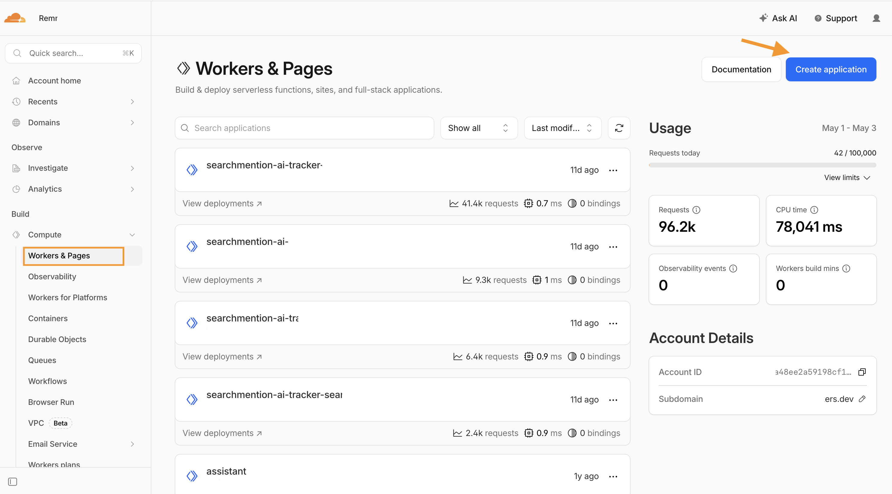 Cloudflare Workers and Pages with Create application button