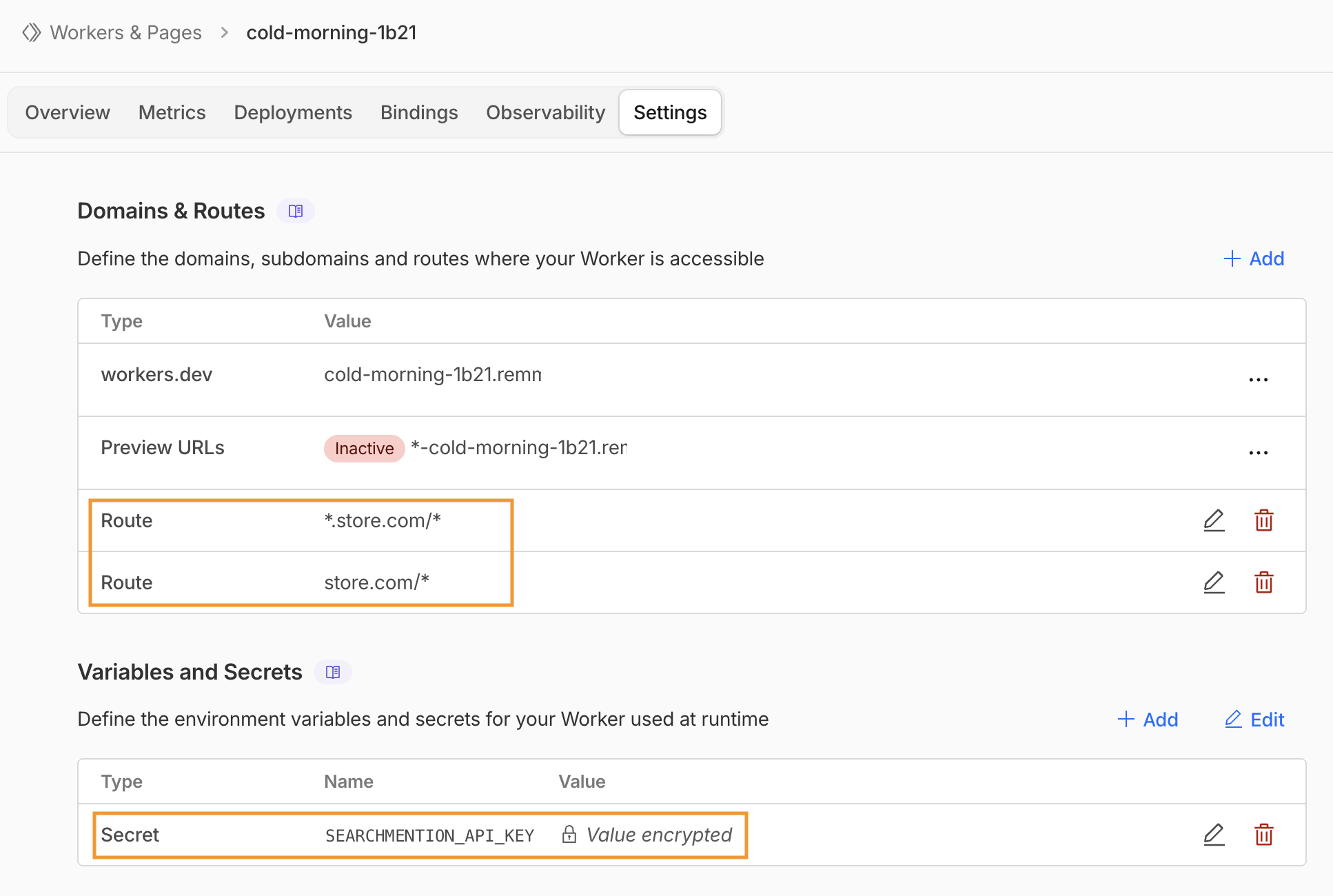 Settings summary showing custom routes and encrypted SEARCHMENTION_API_KEY secret