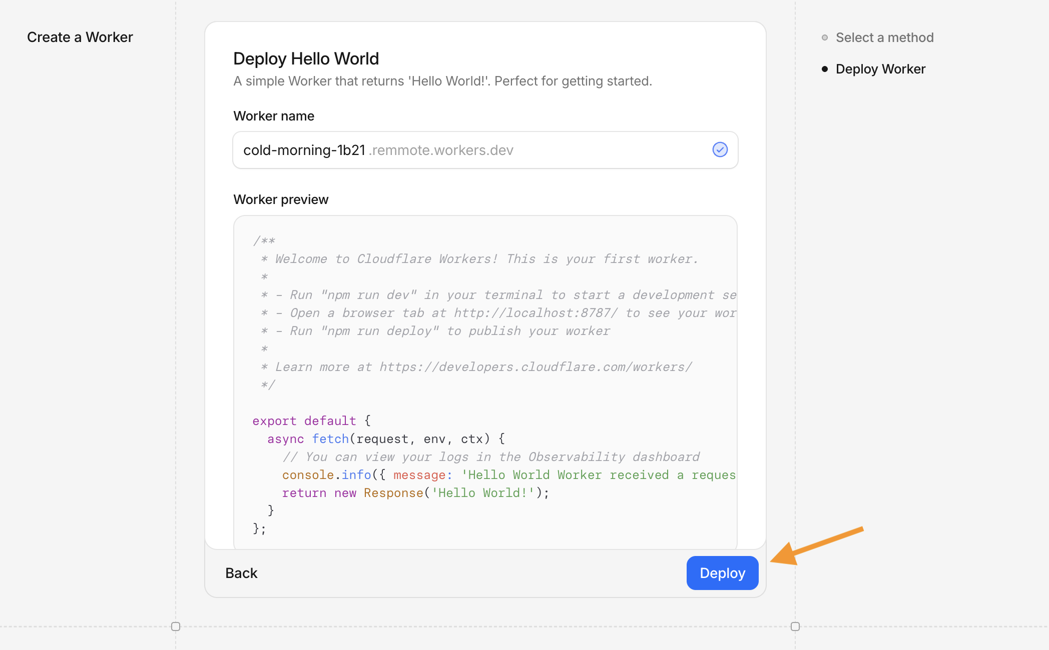 Deploy Hello World step with Worker name and Deploy button