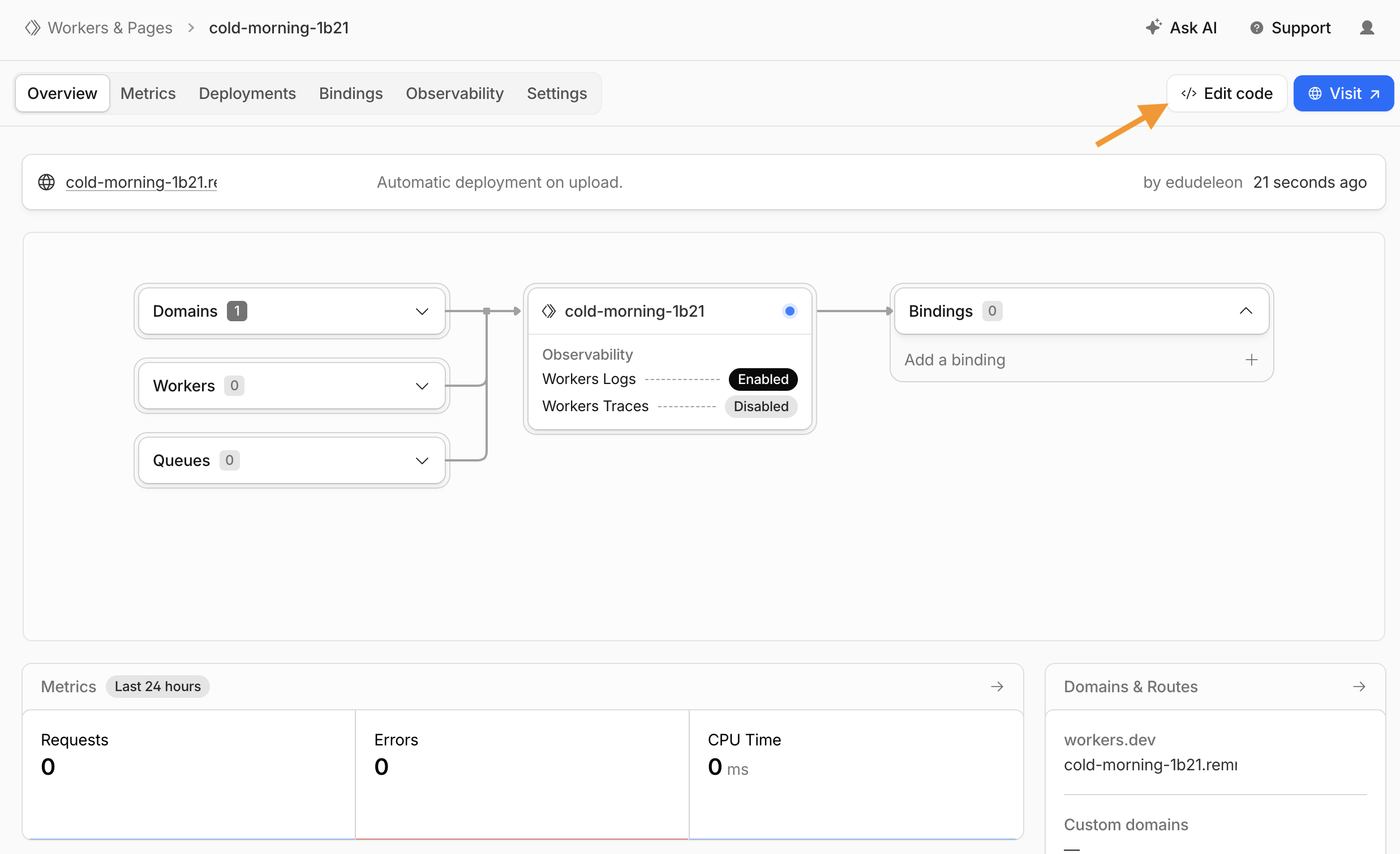 Worker overview with Edit code button highlighted
