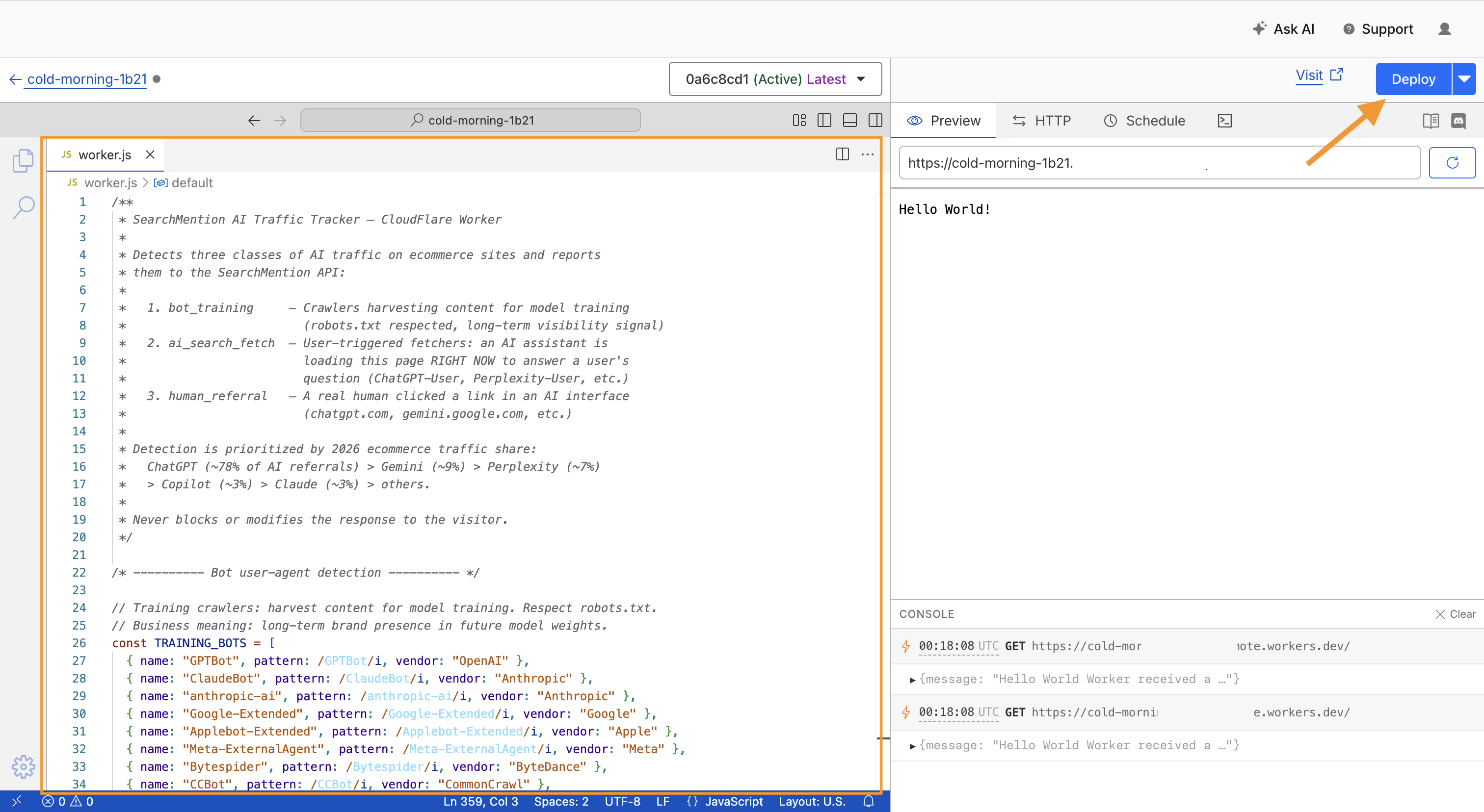 Worker code editor showing SearchMention script and Deploy button