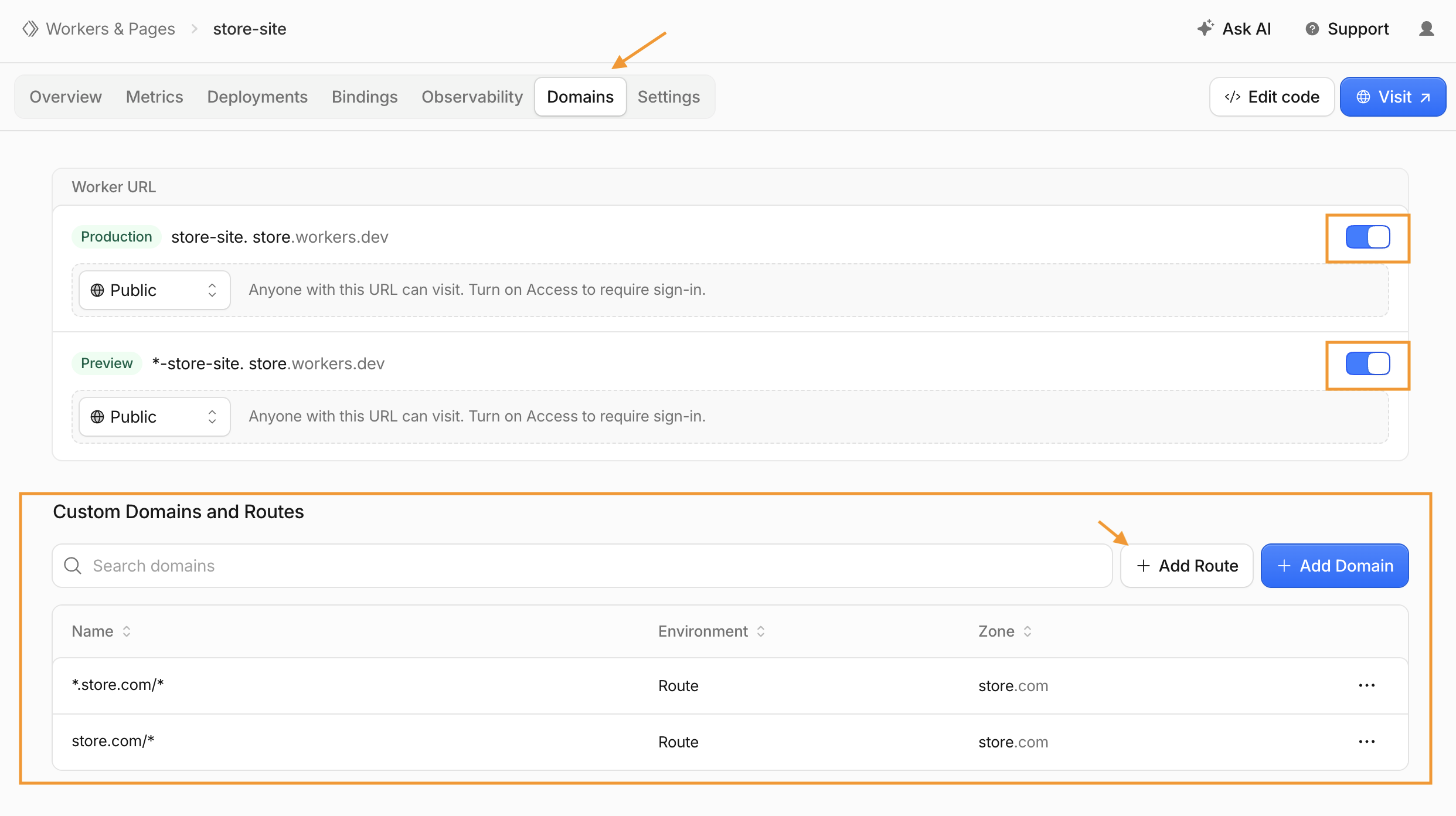 Worker Domains tab with Custom Domains and Routes and Add Route button