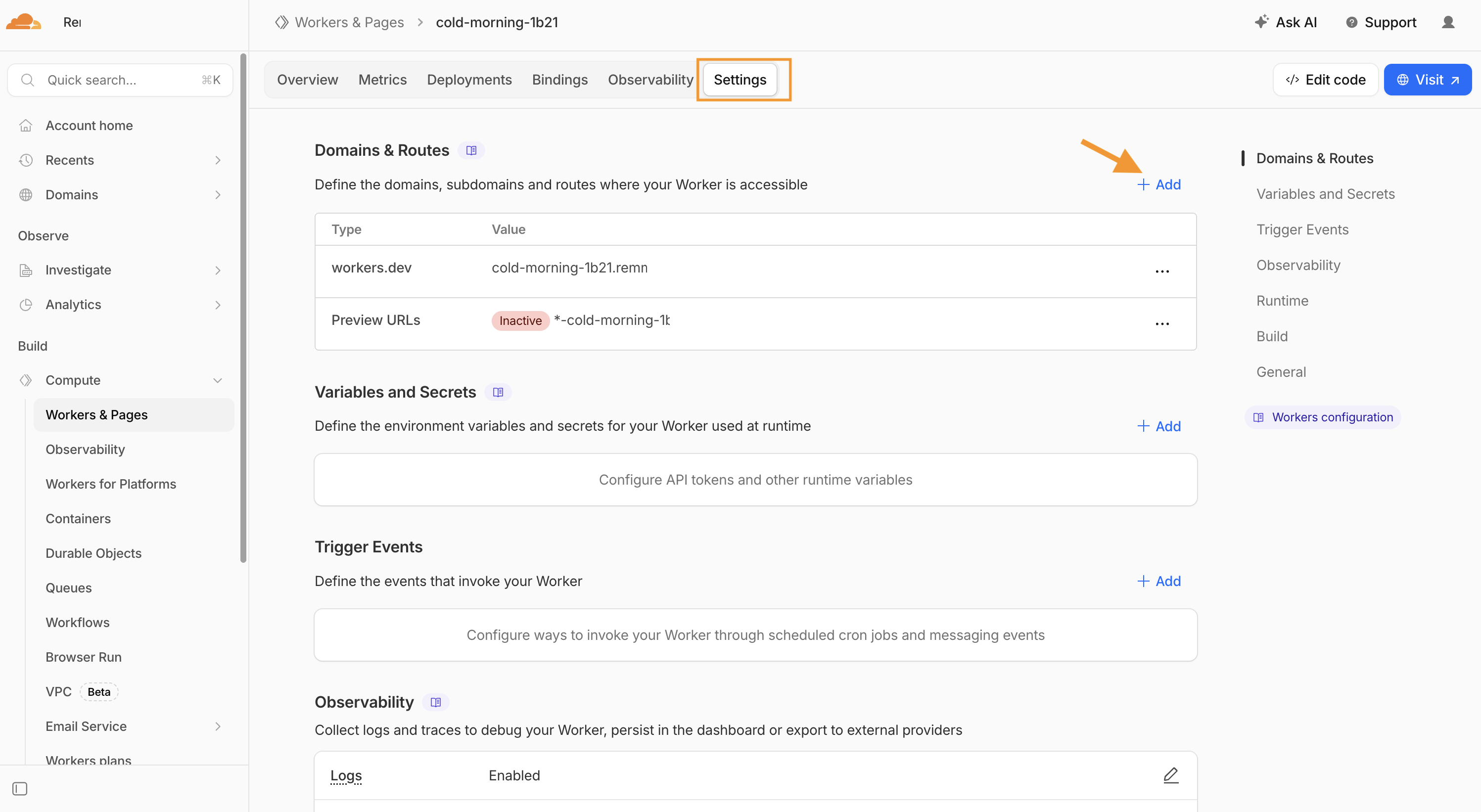 Worker Settings tab with Domains and Routes Add control