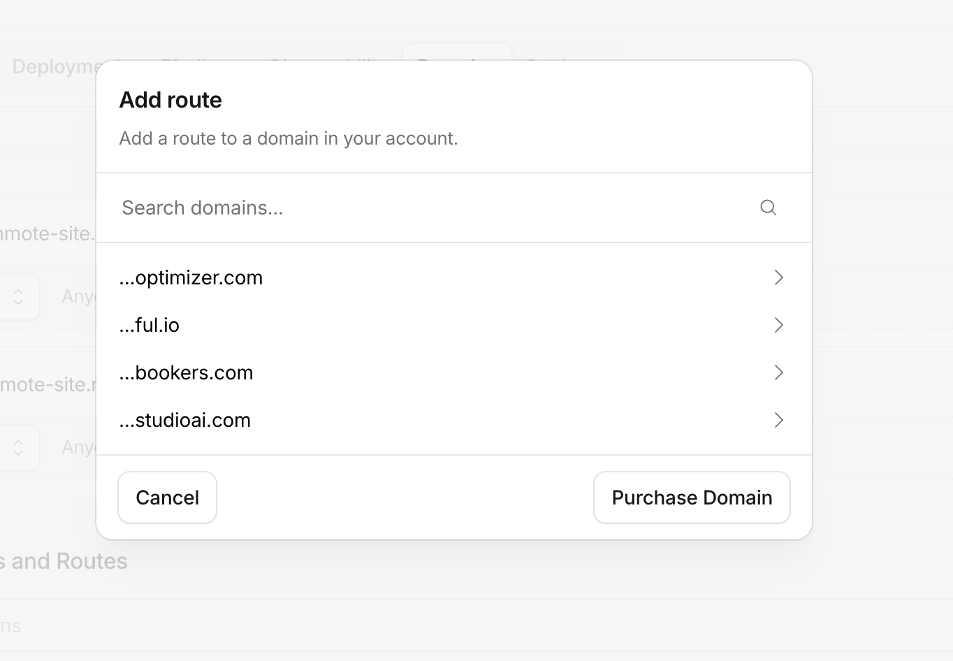 Add route dialog listing domains to select