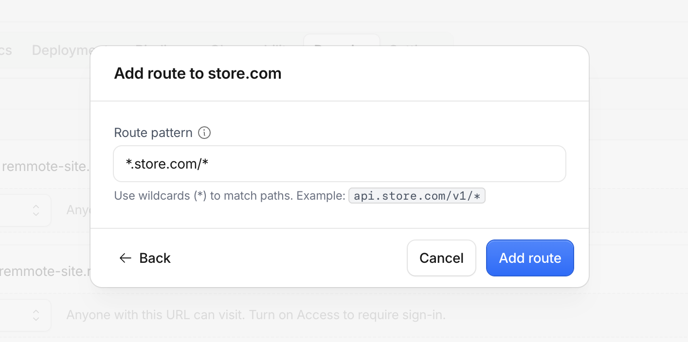 Add route to domain dialog with route pattern field