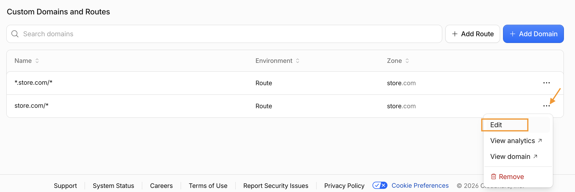 Custom Domains and Routes row menu with Edit highlighted