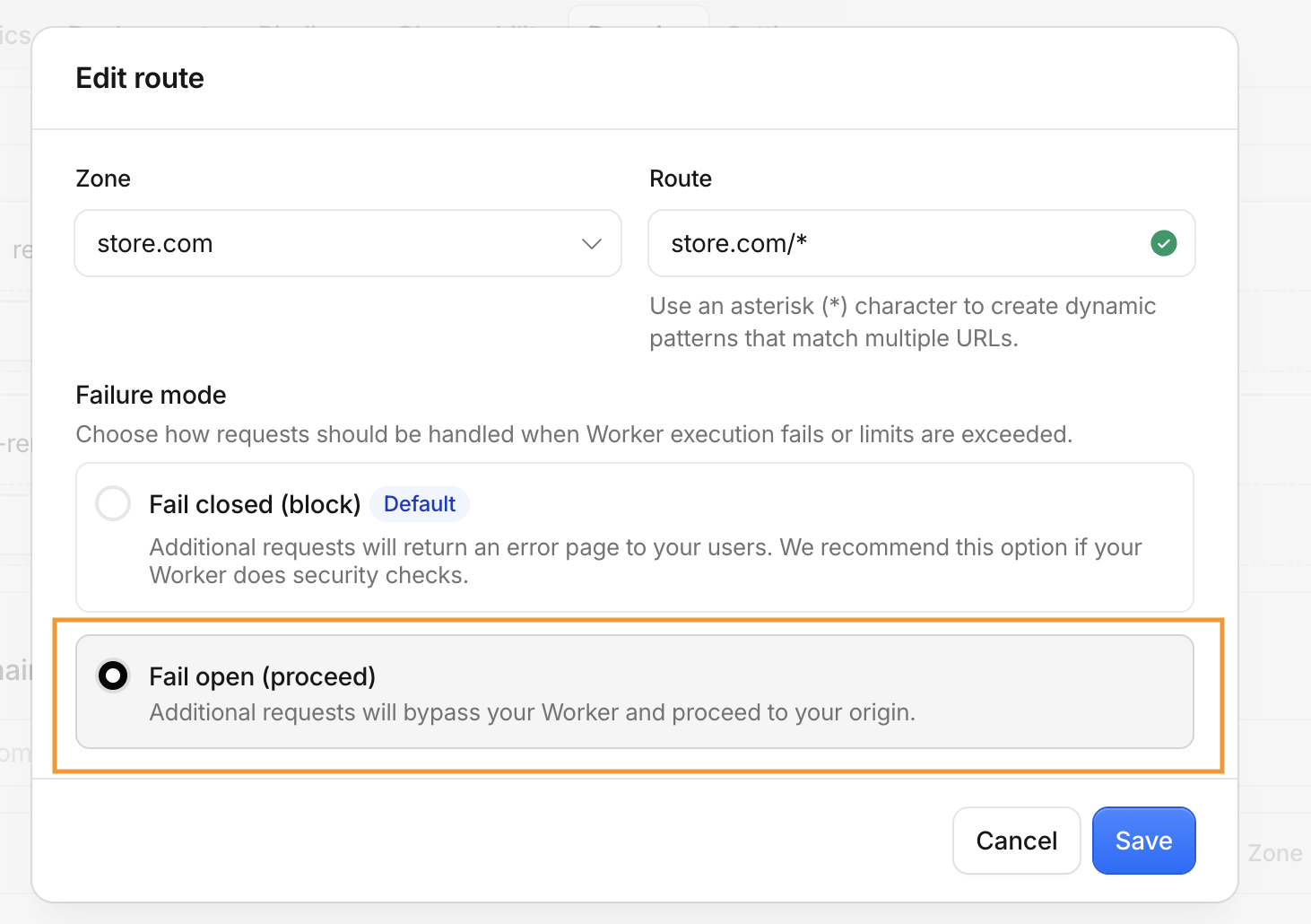 Edit route dialog with Fail open proceed selected