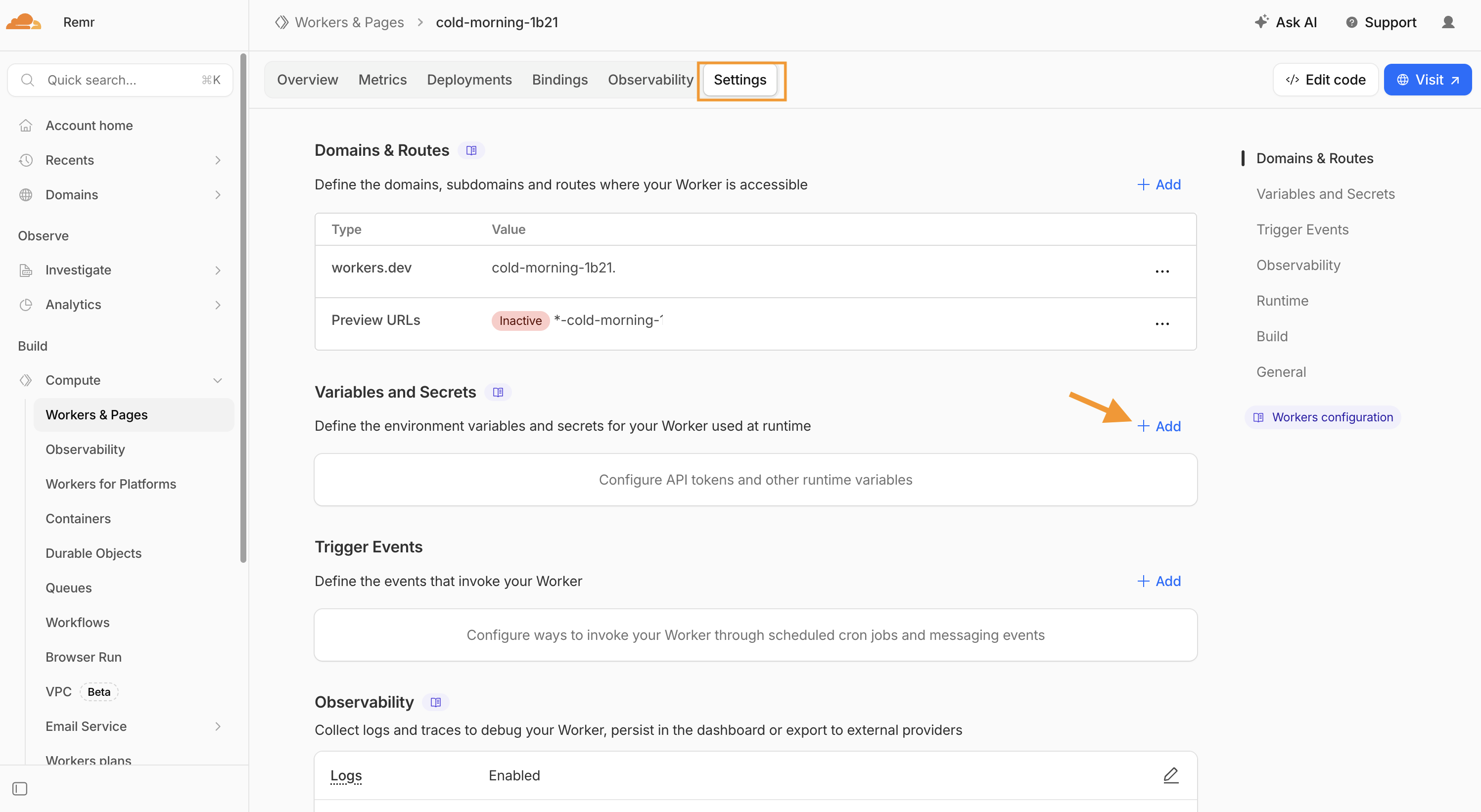 Settings Variables and Secrets section with Add button