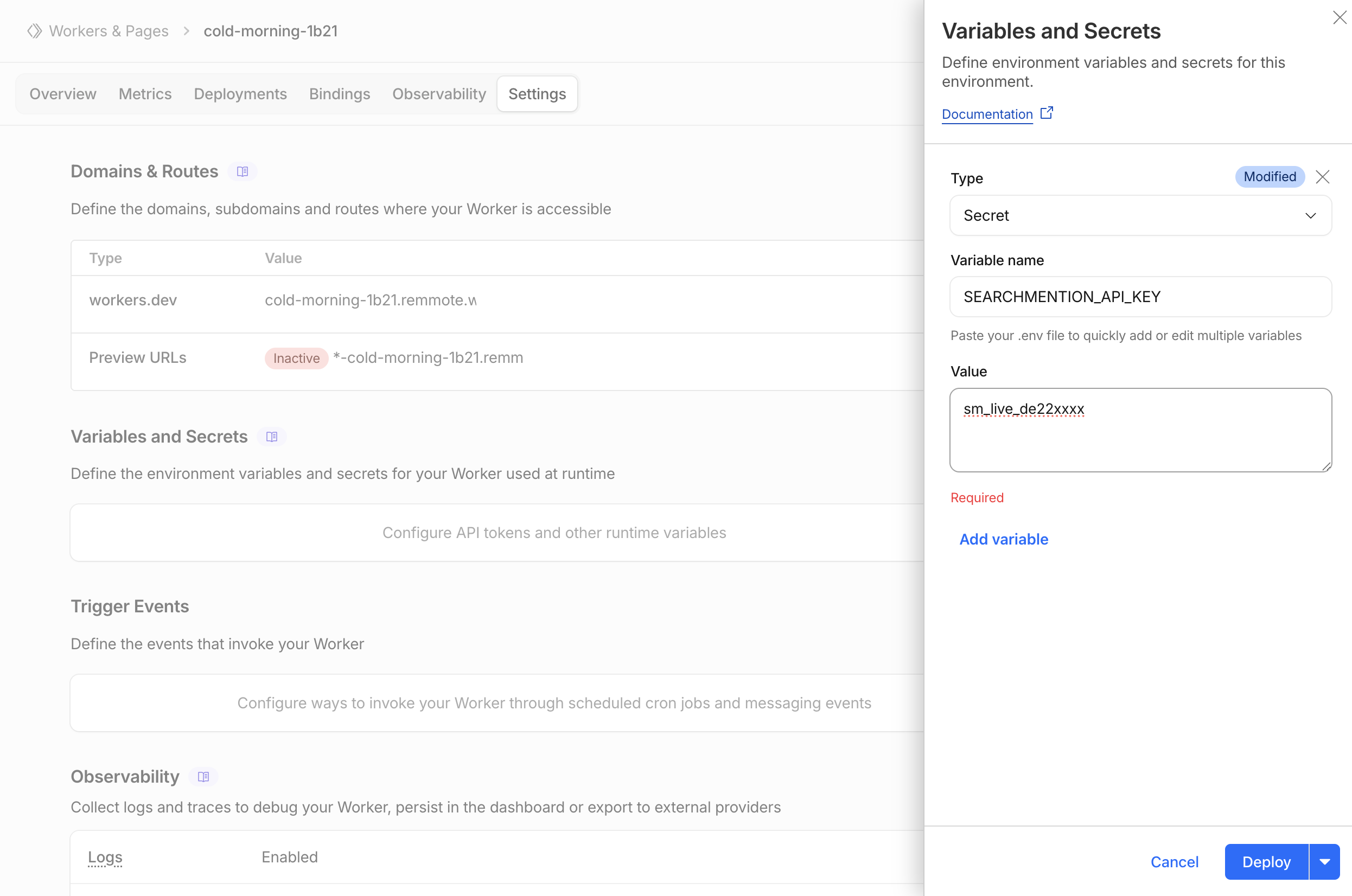 Secret dialog with SEARCHMENTION_API_KEY name and Deploy